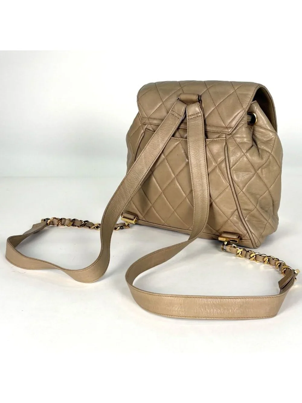 Chanel Backpack Quilted CC Logo Leather Beige